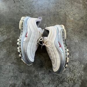🔥 Nike Air Max 97 White Silver Red Metallic Sneakers Men's 9